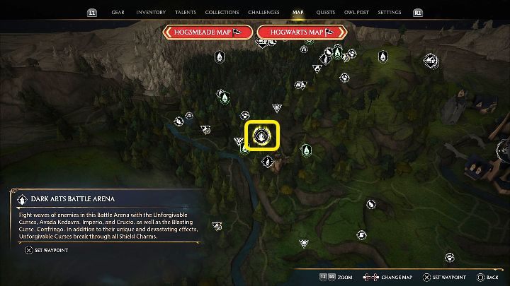 Wejście na arenę walk czarnej magii znajdziecie w Zakazanym Lesie, w miejscu zaznaczonym na powyższym obrazku - Hogwarts Legacy: Czym jest arena walk czarnej magii? - Hogwarts Legacy - poradnik do gry