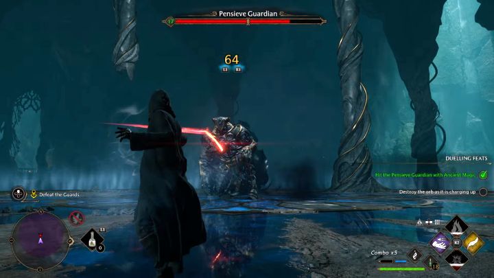 Boss Obrońca Myślodsiewni (Pensieve Guardian) pojawi się po pokonaniu pierwszej grupy posągów - skupcie na nim swoje kolejne ataki - Hogwarts Legacy: Próba Parsifala Rackhama (Percival Rackhams Trial) - Hogwarts Legacy - poradnik do gry