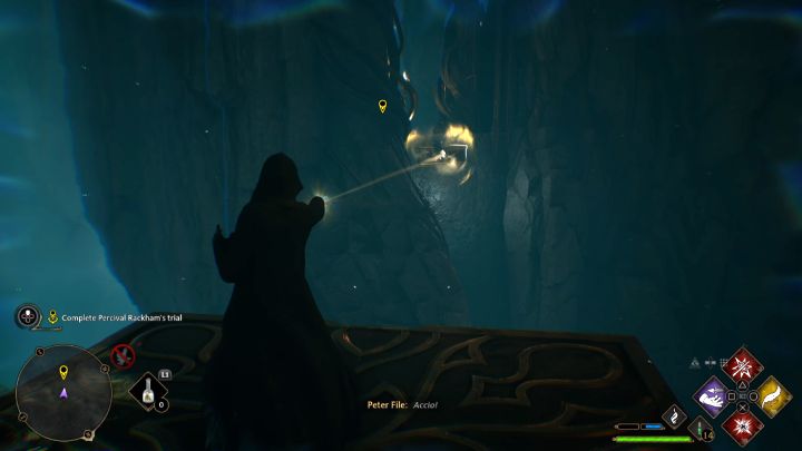 Kontynuujcie na nowej platformie używanie Accio - złapcie się lewego zaczepu, a następnie oddalonego prawego zaczepu z obrazka - Hogwarts Legacy: Próba Parsifala Rackhama (Percival Rackhams Trial) - Hogwarts Legacy - poradnik do gry