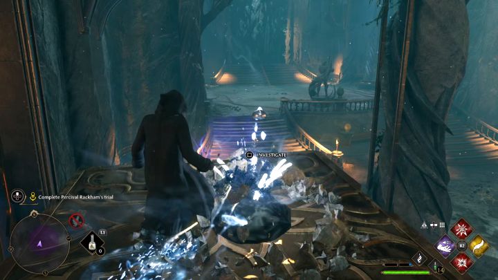 Po przyciągnięciu platformy wskoczcie na nią, a odkryjecie krąg pradawnej magii (jest on w miejscu dostępnym jedynie z lewitującej platformy) - zbadajcie go - Hogwarts Legacy: Próba Parsifala Rackhama (Percival Rackhams Trial) - Hogwarts Legacy - poradnik do gry