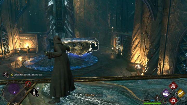 Po bitwie dotrzyjcie do lewitującej platformy - przyciągnijcie ją zaklęciem Accio po to żeby na nią wejść - Hogwarts Legacy: Próba Parsifala Rackhama (Percival Rackhams Trial) - Hogwarts Legacy - poradnik do gry