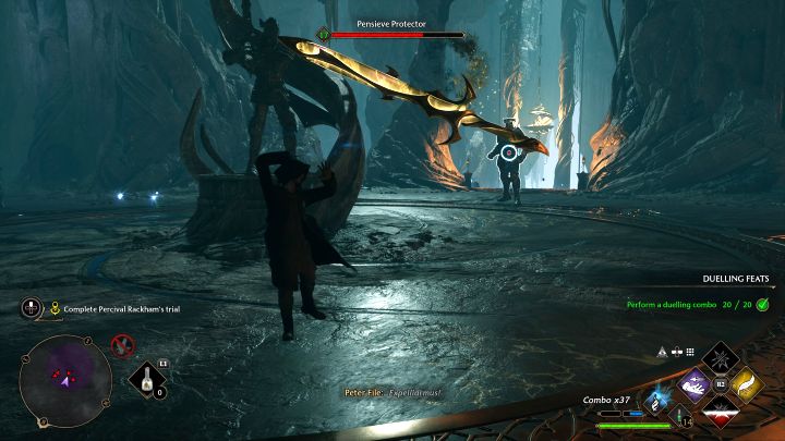 W końcowej części eksploracji lochu dotrzecie na dużą arenę i musicie najpierw pokonać grupę mniejszych ożywionych posągów - Hogwarts Legacy: Jak pokonać bossa Obrońca Myślodsiewni (Pensieve Guardian)? - Hogwarts Legacy - poradnik do gry