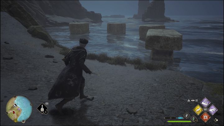 Po aktywacji próby, na niższym poziomie blisko wody pojawią się kamienne platformy - Hogwarts Legacy: Region Feldcroft - wszystkie Łamigłówki Merlina - Hogwarts Legacy - poradnik do gry