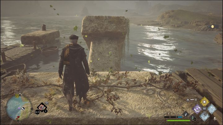 Następnie, skoczcie na środkową, a potem złapcie się krawędzi - Hogwarts Legacy: Jezioro Marunweem - wszystkie Łamigłówki Merlina - Hogwarts Legacy - poradnik do gry