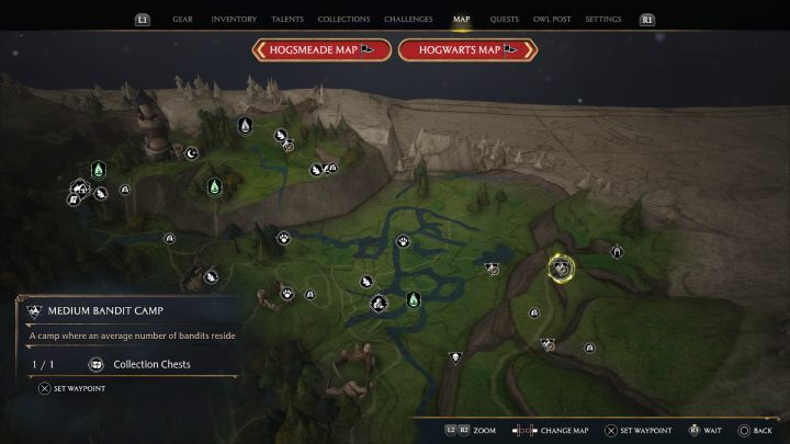 Pierwsza skrzynia jest w obozie bandytów niedaleko Górującej Kopalni (Overlook Mine) - Hogwarts Legacy: Skrzynie skarbów Dolina Hogsmeade (Hogsmeade Valley) - Hogwarts Legacy - poradnik do gry