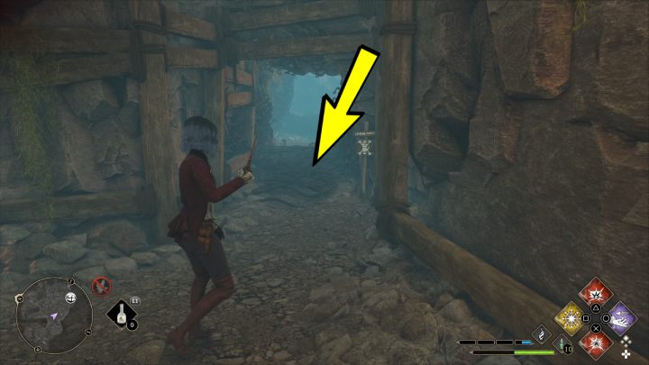 Przejdźcie przez otwór w skale, idźcie kawałek prosto i skręćcie w prawo - Hogwarts Legacy: Skrzynie skarbów Dolina Hogsmeade (Hogsmeade Valley) - Hogwarts Legacy - poradnik do gry