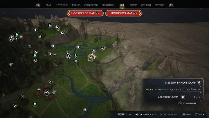 Następna skrzynia jest w obozie bandytów niedaleko płomieni fiuu (Floo Flames) Wschodnie Torfowiska Północnej Przeprawy (East North Ford Bog) - Hogwarts Legacy: Skrzynie skarbów Dolina Hogsmeade (Hogsmeade Valley) - Hogwarts Legacy - poradnik do gry