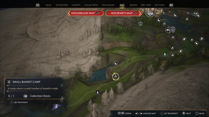 Następna skrzynia jest w obozie bandytów niedaleko punktu szybkiej podróży Północne Feldcroft (North Feldcroft) - Hogwarts Legacy: Skrzynie skarbów Rejon Feldcroft (Feldcroft Region) - Hogwarts Legacy - poradnik do gry