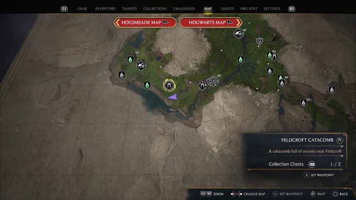 2 skrzynie znajdują się w Katakumbach Feldcroft (Feldcroft Catacomb) - Hogwarts Legacy: Skrzynie skarbów Rejon Feldcroft (Feldcroft Region) - Hogwarts Legacy - poradnik do gry