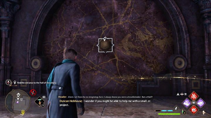 Podejdźcie do miejsca wskazanego na mapie i użyjcie Depulso na ścianie widocznej na powyższym obrazku, aby otworzyć drzwi do sali Herodiany - Hogwarts Legacy: Sala Herodiany (The Hall of Herodiana) - Hogwarts Legacy - poradnik do gry