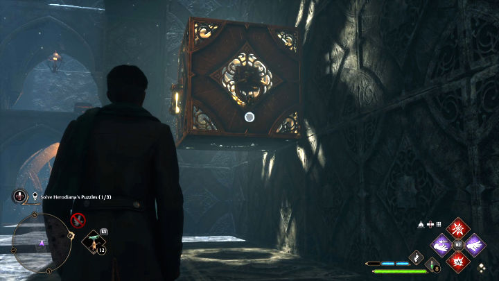 Najpierw użyjcie Depulso na elemencie widocznym na powyższym obrazku, aby pchnąć go w stronę wejścia - Hogwarts Legacy: Sala Herodiany (The Hall of Herodiana) - Hogwarts Legacy - poradnik do gry