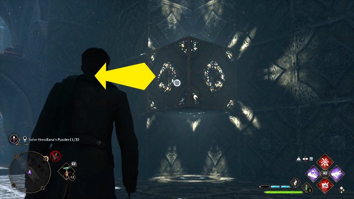 Odwróćcie się w stronę lewitującego elementu i użyjcie Accio, żeby przesunąć go na drugą stronę pomieszczenia - Hogwarts Legacy: Sala Herodiany (The Hall of Herodiana) - Hogwarts Legacy - poradnik do gry