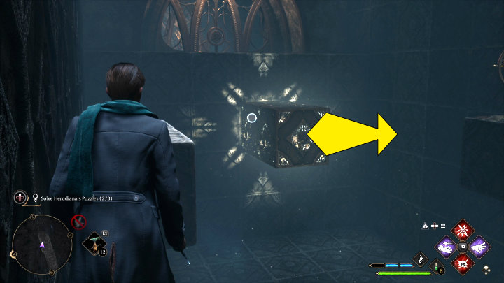 Ustawcie się mniej więcej w miejscu pokazanym na powyższym obrazku i użyjcie Depulso, aby przesunąć element do ściany po prawej stronie - Hogwarts Legacy: Sala Herodiany (The Hall of Herodiana) - Hogwarts Legacy - poradnik do gry