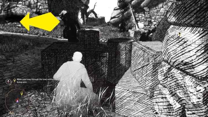 Najlepszy moment na to, aby przejść niezauważonym będzie wtedy, gdy dwaj przeciwnicy stojący mniej więcej na środku odwrócą się w lewo i zaczną iść dalej w tę stronę - Hogwarts Legacy: Próba Niam Fitzgerald (Niamh Fitzgeralds Trial) - Hogwarts Legacy - poradnik do gry