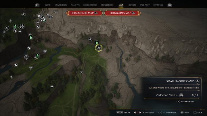 Następna skrzynia jest małym obozie bandytów, nieopodal jaskini Feniksa - Hogwarts Legacy: Skrzynie skarbów Wybrzeże Kłusowników (Poidsear Coast) - Hogwarts Legacy - poradnik do gry