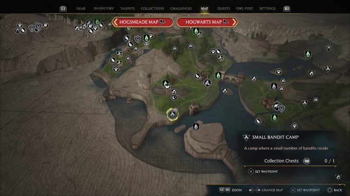 Ostatnia skrzynia z tego rejonu jest w obozie bandytów na południe od punktu szybkiej podróży Południowe Wybrzeże Kłusowników (South Poidsear Coast) - Hogwarts Legacy: Skrzynie skarbów Wybrzeże Kłusowników (Poidsear Coast) - Hogwarts Legacy - poradnik do gry