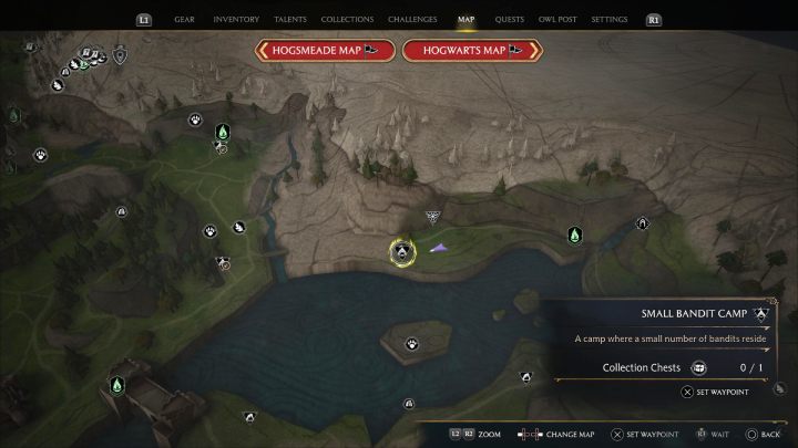 Tę skrzynię znajdziecie w obozie bandytów, niedaleko punktu szybkiej podróży Kopalnia Przybrzeżna (Coastal Mine) - Hogwarts Legacy: Skrzynie skarbów Jezioro Marunweem (Marunweem Lake) - Hogwarts Legacy - poradnik do gry