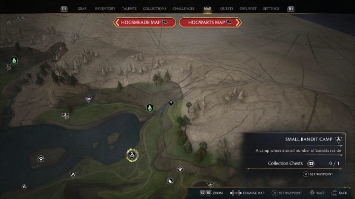 Następna skrzynia jest w obozie bandytów, na południe od punktu szybkiej podróży Kopalnia Przybrzeżna (Coastal Mine) - Hogwarts Legacy: Skrzynie skarbów Jezioro Marunweem (Marunweem Lake) - Hogwarts Legacy - poradnik do gry