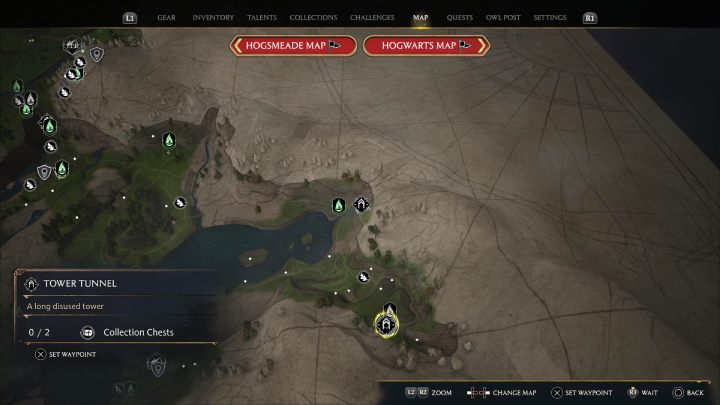 Te dwie skrzynie są w Tunelu Wieży (Tower Tunnel) - Hogwarts Legacy: Skrzynie skarbów Jezioro Marunweem (Marunweem Lake) - Hogwarts Legacy - poradnik do gry