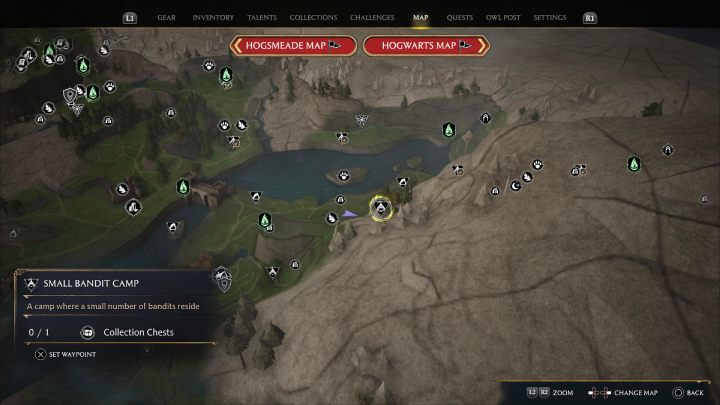 Ta skrzynia jest w obozie bandytów na północny wschód od wioski Marunweem - Hogwarts Legacy: Skrzynie skarbów Jezioro Marunweem (Marunweem Lake) - Hogwarts Legacy - poradnik do gry