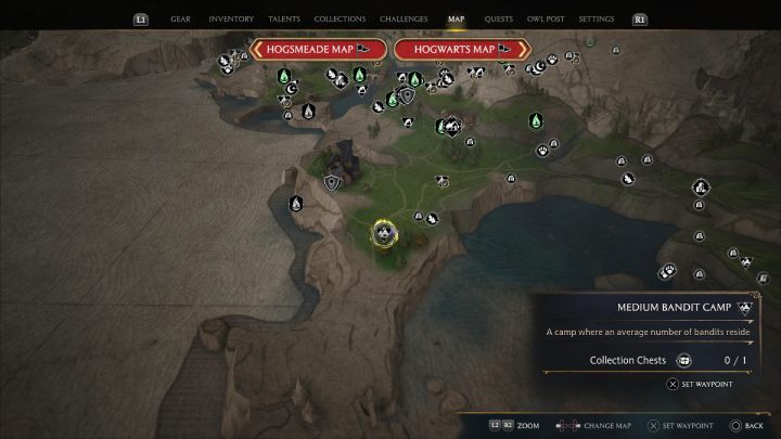 Jedna ze skrzyń jest w obozie bandytów niedaleko punktu szybkiej podróży Zachodni Dwór Cape (West Manor Cape) - Hogwarts Legacy: Skrzynie skarbów Dwór Cape (Manor Cape) - Hogwarts Legacy - poradnik do gry