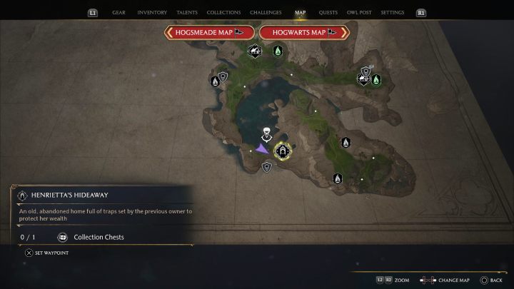 Ostatnią skrzynię z tego regionu znajdziecie w kryjówce Henrietty (Hendriettas Hideaway) - Hogwarts Legacy: Skrzynie skarbów Dwór Cape (Manor Cape) - Hogwarts Legacy - poradnik do gry