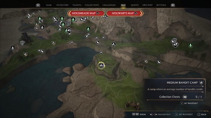 Kolejną skrzynię znajdziecie w obozie bandytów na północny zachód od zamku Clagmar - Hogwarts Legacy: Skrzynie skarbów Wybrzeże Clagmar (Clagmar Coast) - Hogwarts Legacy - poradnik do gry