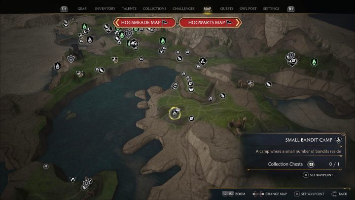 Czwarta skrzynia jest w obozie bandytów, na zachód od zamku Clagmar - Hogwarts Legacy: Skrzynie skarbów Wybrzeże Clagmar (Clagmar Coast) - Hogwarts Legacy - poradnik do gry