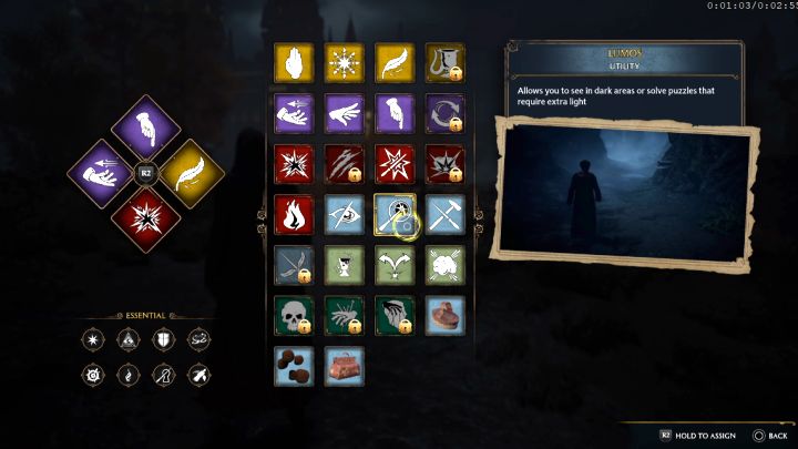 Potrzebne będzie zaklęcie Lumos - jeśli nie macie go w gotowości, to otwórzcie menu zestawu zaklęć szybkiego wyboru (prawy kierunek na krzyżaku pada) i umieśćcie je w 1 z 4 slotów - Hogwarts Legacy: Duch naszej miłości (Ghost of Our Love) - Hogwarts Legacy - poradnik do gry