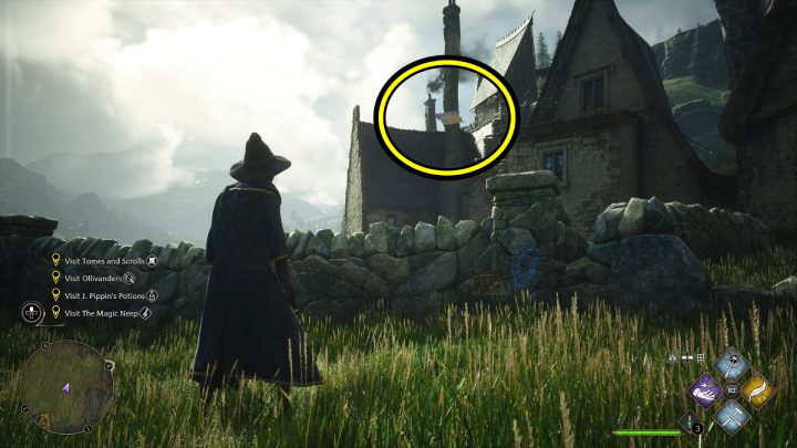 Jedna z fruwających stron Flying Guide Page #4 (Hogsmeade) lata za domami obok sklepu Księgi i Zwoje (Tomes and Scrolls) - Hogwarts Legacy: Strony przewodnika (Field Guide Pages) - Hogsmeade - Hogwarts Legacy - poradnik do gry