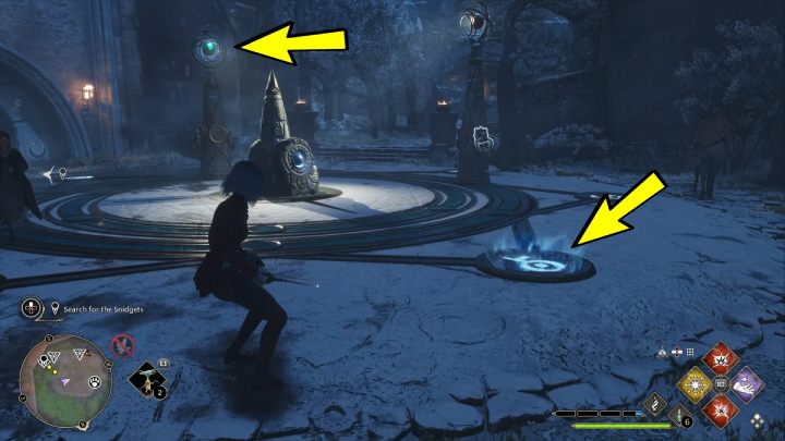 Zaklęciem Accio przestawcie kamień ze światłem świecącym się na niebiesko, tak aby światło padało na symbol pokazany na powyższym obrazku - Hogwarts Legacy: Znikacz w garści (A Bird in the Hand) - Hogwarts Legacy - poradnik do gry