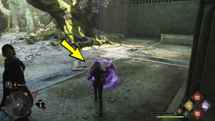 Podnieście kostkę zaklęciem Accio, zeskoczcie z powrotem na dół i odłóżcie ją na symbol podświetlony na niebiesko - Hogwarts Legacy: Znikacz w garści (A Bird in the Hand) - Hogwarts Legacy - poradnik do gry