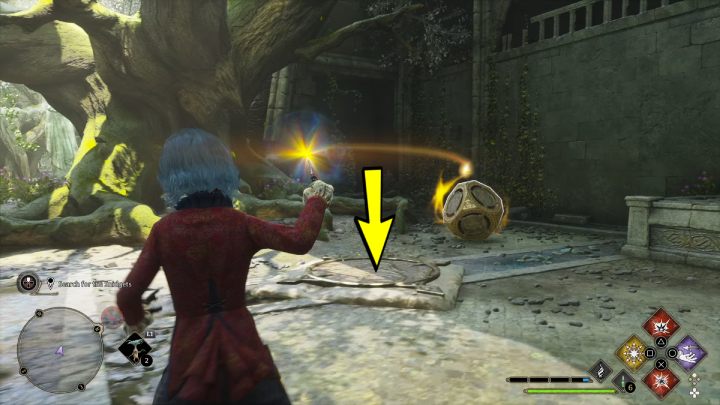 Ustawcie kostkę leżącą koło drzewa na symbolu podświetlonym czerwonym kolorem - Hogwarts Legacy: Znikacz w garści (A Bird in the Hand) - Hogwarts Legacy - poradnik do gry