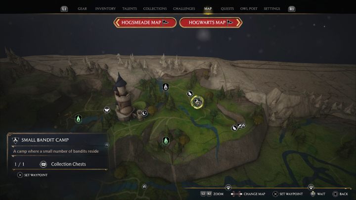 Ta skrzynia jest w obozie bandytów niedaleko punktu szybkiej podróży Torfowiska Północnej Przeprawy (North Ford Bog) - Hogwarts Legacy: Skrzynie skarbów Torfowiska Północnej Przeprawy (North Ford Bog) - Hogwarts Legacy - poradnik do gry