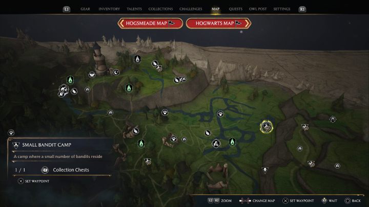 Ostatnia skrzynia jest w obozie bandytów niedaleko punktu szybkiej podróży Wschodnie Torfowiska Północnej Przeprawy (East North Ford Bog) - Hogwarts Legacy: Skrzynie skarbów Torfowiska Północnej Przeprawy (North Ford Bog) - Hogwarts Legacy - poradnik do gry