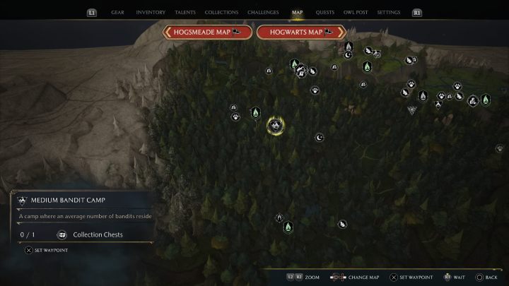 Ta skrzynia jest w obozie bandytów niedaleko punktu szybkiej podróży Zachodni Zakazany Las (West Forbidden Forest) - Hogwarts Legacy: Skrzynie skarbów Zakazany Las (Forbidden Forest) - Hogwarts Legacy - poradnik do gry