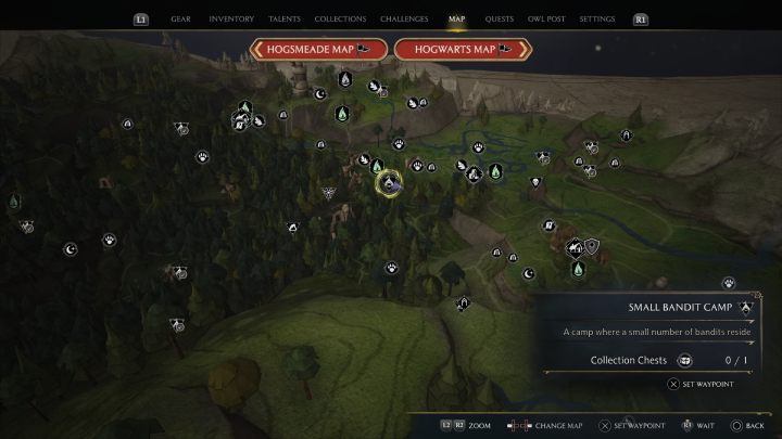 Ta skrzynia jest w obozie bandytów nieopodal płomieni fiuu (Floo Flames) Wejście na Torfowiska Północnej Przeprawy (North Ford Bog Entrance) - Hogwarts Legacy: Skrzynie skarbów Zakazany Las (Forbidden Forest) - Hogwarts Legacy - poradnik do gry