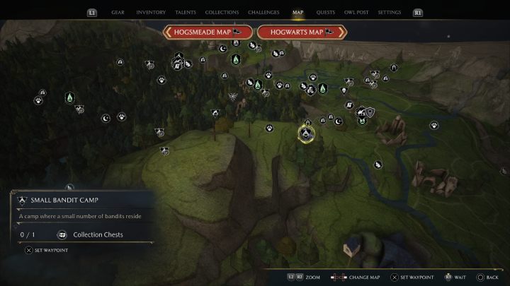 Następną skrzynię znajdziecie w obozie bandytów niedaleko punktu szybkiej podróży Górne Hogsfield (Upper Hogsfield) - Hogwarts Legacy: Skrzynie skarbów Zakazany Las (Forbidden Forest) - Hogwarts Legacy - poradnik do gry