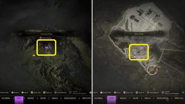 Old Coins możecie wymienić na przedmioty w Book Shop w Cipal (na obrazku po prawej stronie) na książki, a także u sklepikarza w Curiosity Shop na obszarze Inner Visoria (po lewej stronie na powyższym obrazku) - Forspoken: Jak zdobyć Old Coins? - Forspoken - poradnik do gry