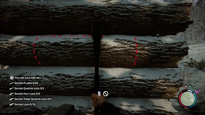 Za pomocą czerwonych przerywanych linii, gra wskaże miejsca do wyrąbania dziur - Sons of the Forest: Elementy schronienia - Sons of the Forest - poradnik do gry
