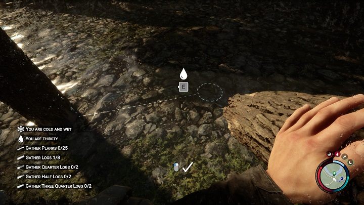Chcąc postawić drugą kłodę, ujrzycie pionowe przerywane linie zwieńczone okręgiem - Sons of the Forest: Elementy schronienia - Sons of the Forest - poradnik do gry