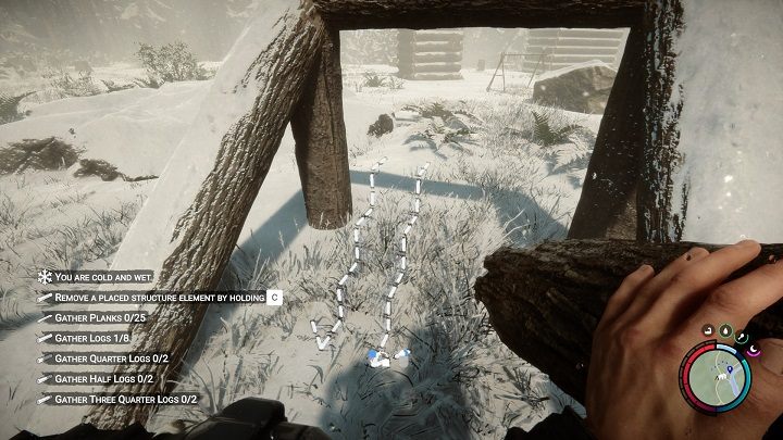 Trzymając kłodę, skierujcie kamerę na środek konstrukcji i zmieńcie tryb budowy za pomocą prawego przycisku myszy - Sons of the Forest: Elementy schronienia - Sons of the Forest - poradnik do gry