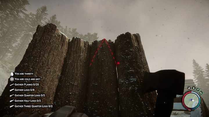 Aby zaostrzyć czubki kłód, wyekwipujcie dowolny topór i skierujcie kamerę na na szczyt kłody - Sons of the Forest: Elementy schronienia - Sons of the Forest - poradnik do gry