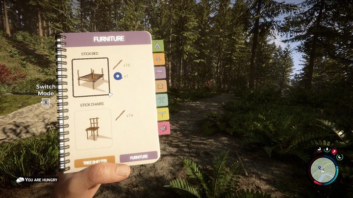 Aby przejść do zakładek z zaawansowanymi konstrukcjami, po otwarciu książki (skrót klawiaturowy B) należy przytrzymać klawisz X - Sons of the Forest: Budowanie i planowanie - Sons of the Forest - poradnik do gry