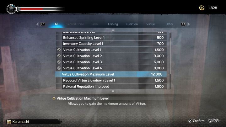 Na liście nagród najważniejsze są pozycje z grupy Virtue Cultivation i to na nie powinniście początkowo wydawać wszystkie zgromadzone punkty - Like a Dragon Ishin: Jak gromadzić reputację Virtue? - Like a Dragon Ishin - poradnik do gry