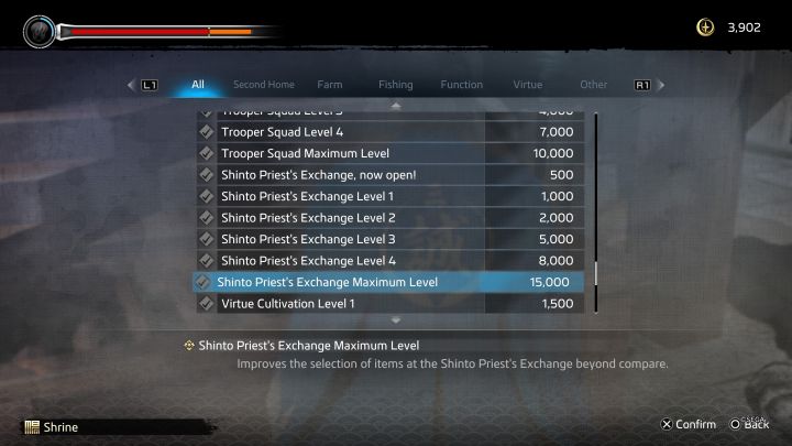 Kapłan Shinto Priest przez długi czas będzie stał obok drugiej kapliczki w Rakunai, ale możecie przeglądać jego ofertę dopiero po zakupieniu za Virtue pozycji z grupy Shinto Priests Exchange - Like a Dragon Ishin: Sklepy - Kyo - Like a Dragon Ishin - poradnik do gry