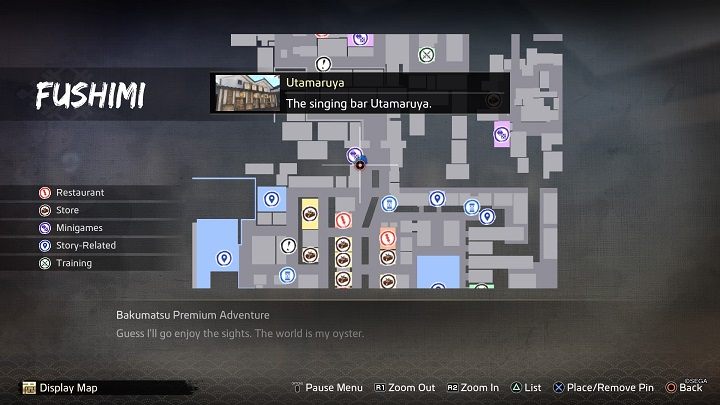 Utamaruya Owner znajduje się w północnej części dzielnicy Fushimi, w lokalu Utamaruya znajdującym się zaraz obok bramy do dzielnicy Rakugai, przy ulicy North Fushimi Ichibangai - Like a Dragon Ishin: Nawiązywanie przyjaźni - Shops - Like a Dragon Ishin - poradnik do gry