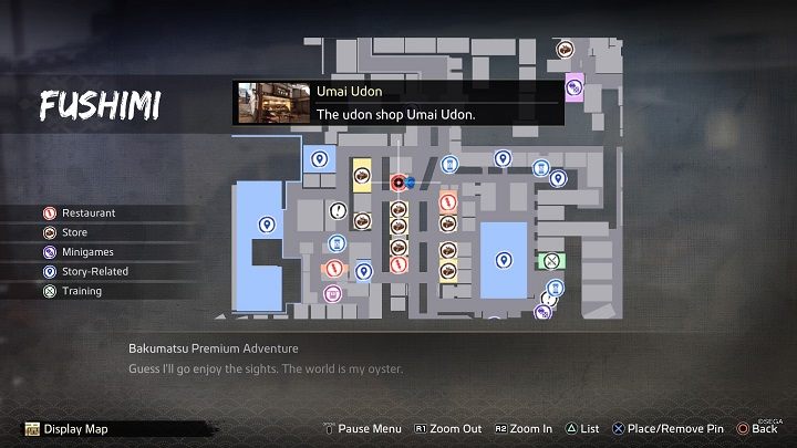 Lokal Umai Udon znajduje się w środkowej części dzielnicy Fushimi, na ulicy Fushimi Ichibangai - Like a Dragon Ishin: Nawiązywanie przyjaźni - Shops - Like a Dragon Ishin - poradnik do gry