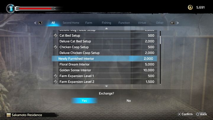 Dostępne są też opcje zmiany wystroju budynku farmy (Interior) - Like a Dragon Ishin: Jak zmienić wystrój farmy w Another Life? - Like a Dragon Ishin - poradnik do gry