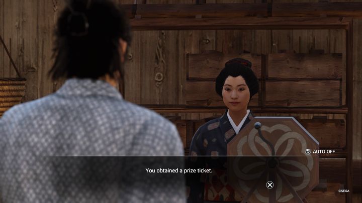 Pierwszy bilet Prize Ticket otrzymacie za darmo od pracownicy loterii - ma to na celu przetestowanie działania mini-gry - Like a Dragon Ishin: Jak grać na loterii? - Like a Dragon Ishin - poradnik do gry
